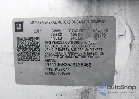 2018 Chevrolet Impala 1Lt from USA, damaged, VIN 2G1105S35J9135466